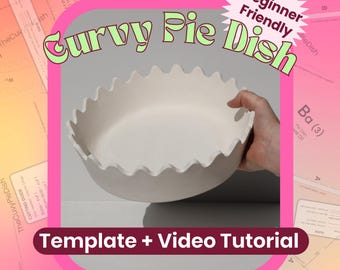 May include: A white ceramic pie dish with a scalloped, wavy rim. The image features text that reads Curvy Pie Dish, Beginner Friendly, and Template + Video Tutorial. The dish is presented against a background of printed paper templates.