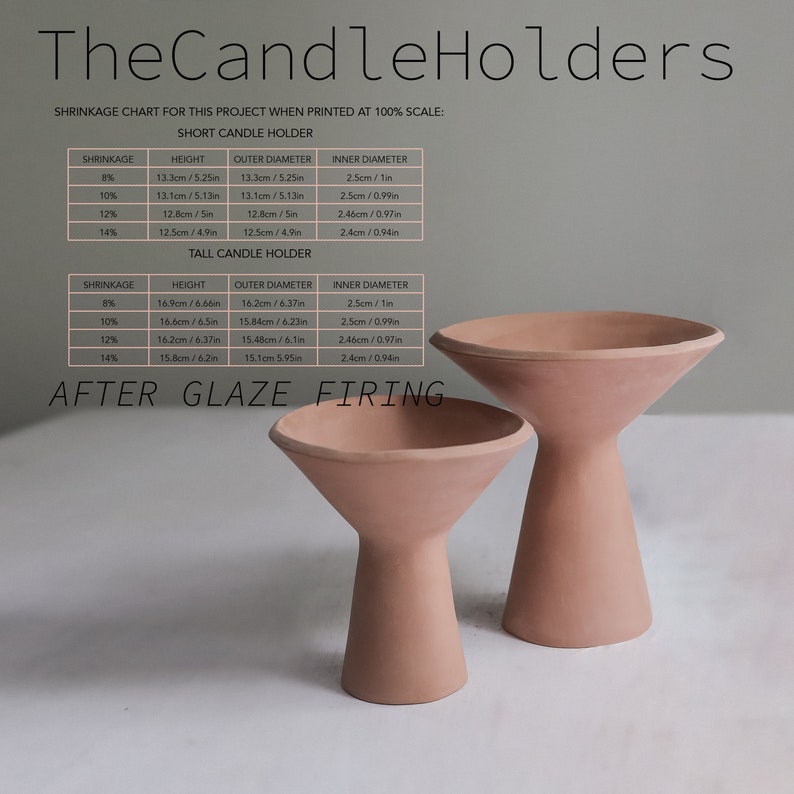 May include: Two terracotta candle holders, one tall and one short, with a chart showing the shrinkage of the holders at different percentages. The chart includes measurements in centimeters and inches for the height, outer diameter, and inner diameter of the holders.
