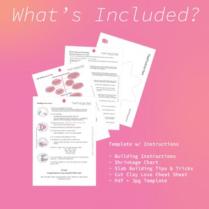May include: A pink background with a set of printable templates for building a clay platter set. The set includes building instructions, a shrinkage chart, slab building tips and tricks, a cut clay love cheat sheet, and a PDF and JPG template.