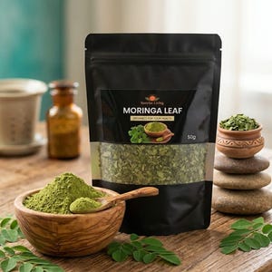 May include: A black pouch of Moringa Leaf, with a clear window showing dried leaves. A wooden bowl holds green moringa powder, with a wooden spoon. A small terracotta bowl of dried leaves sits atop a stack of stones. The label reads "Organics for your health".