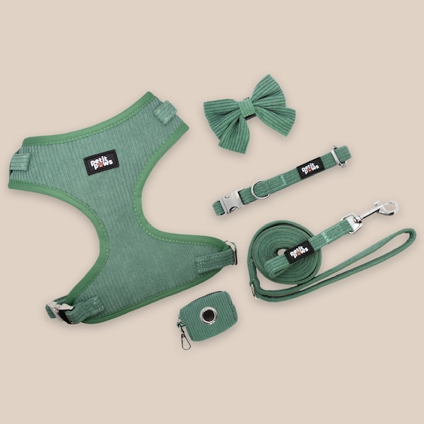 Sage Green Corduroy, Silver, High Quality, Adjustable Dog Harness, Wedding Bow Tie, Poop Bag Holder, Collar,Leash Set,Cute,Stylish,Luxury