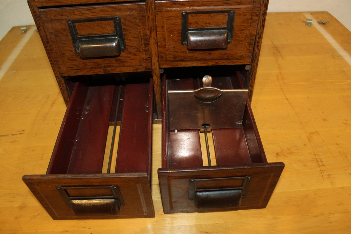 Antique Globe Woodlook Metal Card Catalog With Label Holders, Vintage