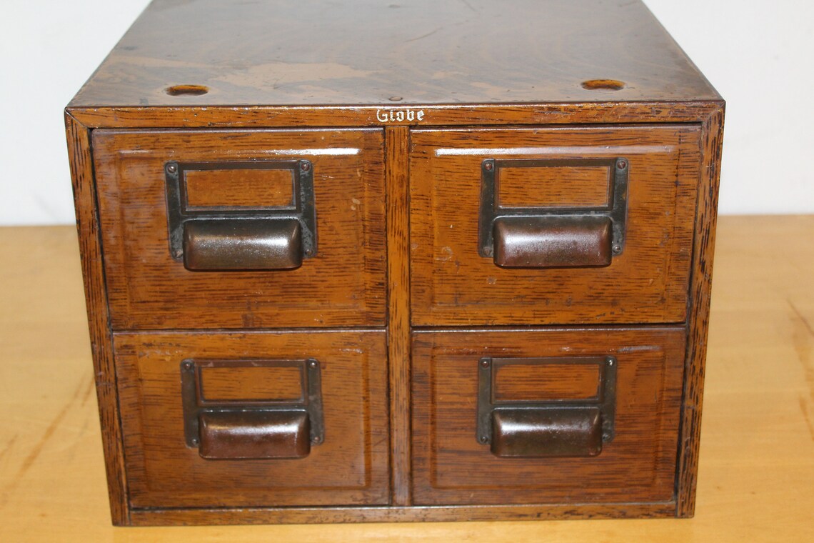 Antique Globe Woodlook Metal Card Catalog With Label Holders, Vintage