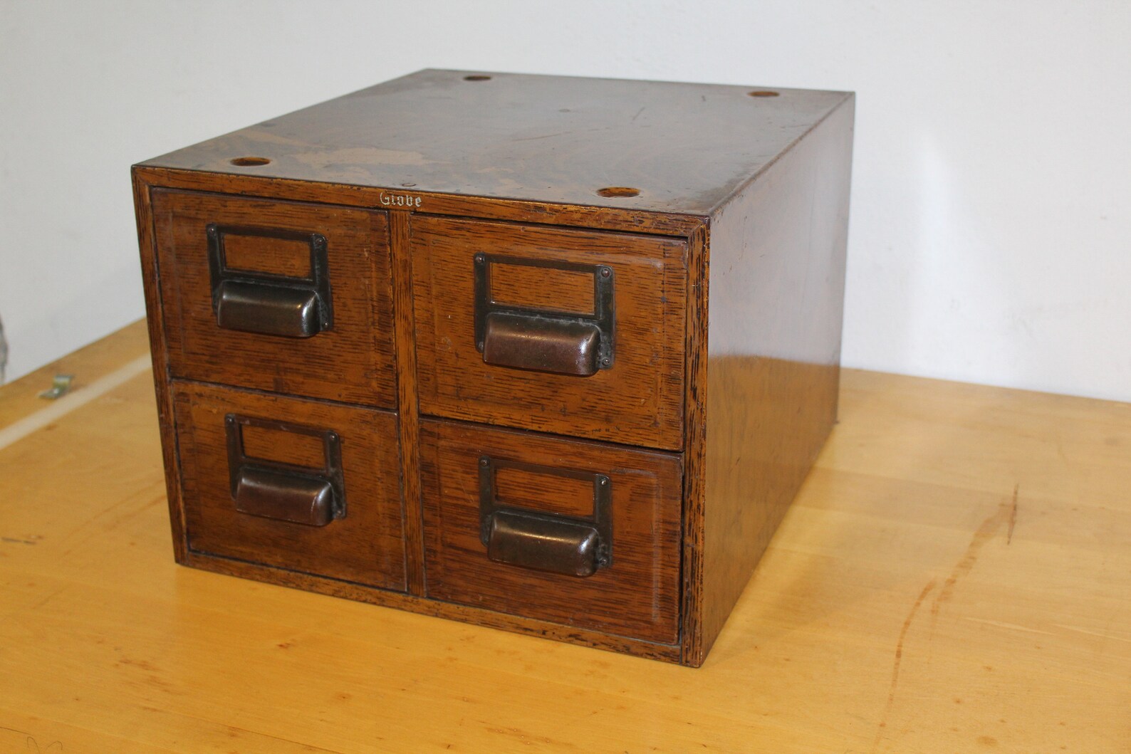 Antique Globe Woodlook Metal Card Catalog With Label Holders, Vintage