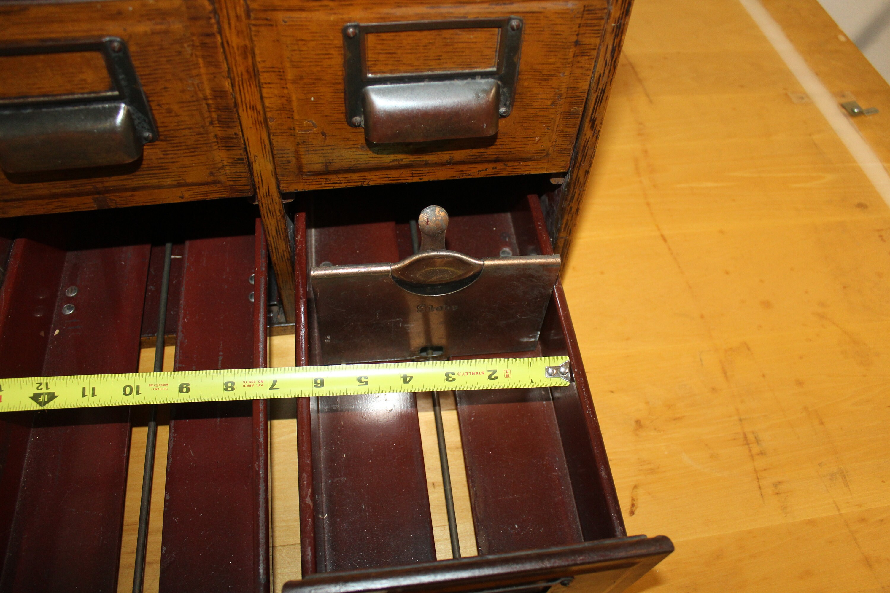 Antique Globe Woodlook Metal Card Catalog With Label Holders, Vintage