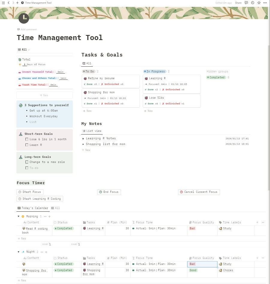 Time Management Tool| Notion Template| Focus Timer| 2024 Planner
