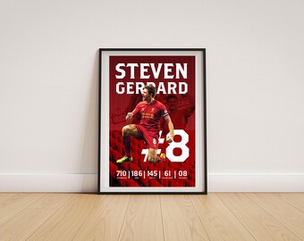 May include: Framed poster featuring Steven Gerrard in a red soccer uniform. The poster has a red background with white text that reads "STEVEN GERRARD". Below the image of Gerrard is the number "8" and several other numbers.