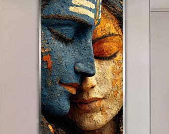 Shiva Parvati Wall Art | Divine Romantic Hindu Couple Painting | Textured Spiritual Home Decor for Meditation & Yoga Spaces