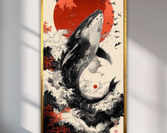 Japanese Ukiyo-e Style Whale Art Print with Red Sun and Ocean Waves Wall Decor
