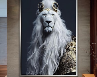 ホワイトライオンの壁アート、雄大なファンタジー動物のキャンバス絵画