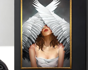 White Wings Angel Woman Canvas | Modern Angel Wall Art Decor