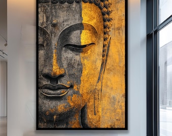 Puede incluir: Gran obra de arte enmarcada que presenta un primer plano del rostro de un Buda. La obra de arte está dividida verticalmente, con un lado en tonos grises y el otro en dorado. El rostro del Buda es sereno, con los ojos cerrados y una ligera sonrisa. La obra se exhibe en una galería de arte moderna.