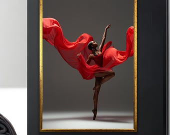 Ballerina Wall Art, Elegant Dancer in Red Dress Canvas Painting
