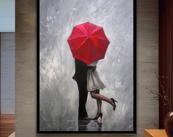 Red Umbrella Kiss Canvas: Romantic Rainy Day Couple Wall Art
