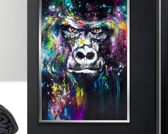 Colorful Gorilla Wall Art, Modern Abstract Animal Canvas Painting