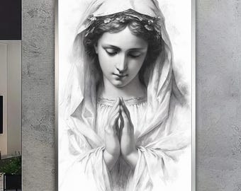 Virgin Mary Prayer Art Print | Black and White Religious Drawing | Christian Wall Decor | Sacred Minimalist Portrait