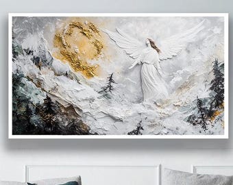 White Guardian Angel Wall Art, Modern Christian Angel Painting, Textured 3D Religious Artwork, Gold and White Spiritual Decor