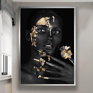 Luxury Black and Gold Woman Portrait, Glamour Abstract Face Art, Modern Fashion Wall Decor, Elegant Canvas Artwork