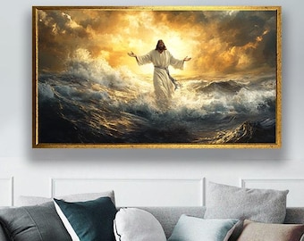 Stampa su tela di Gesù che cammina sull'acqua: arte murale religiosa cristiana