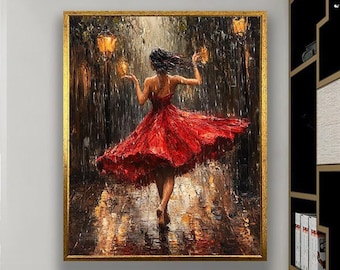 Woman in Red Dress Canvas Art: Romantic Rain Dance Painting