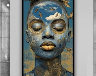 May include: A framed art print featuring a stylized portrait of a person with closed eyes. The face is adorned with intricate blue and gold patterns, with a sky and birds depicted within the head. The color palette includes blue, gold, and brown tones.