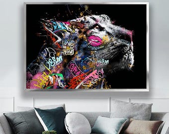 Colorful Graffiti Lion Wall Art, Modern Street Pop Art Painting, Urban Canvas Decor
