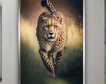 Running Cheetah Wall Art, Wild Animal Canvas Print, Safari Wildlife Painting, Modern Nature Wall Decor