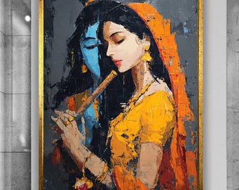 Radha Krishna Abstrakte Malerei, Spirituelle Hindu Wandkunst, Bunte Göttliche Liebe Kunstwerk für Wohnkultur