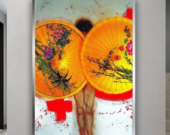 Oosterse parasolkunstdruk, Aziatisch geïnspireerde muurdecoratie, kleurrijke parapluschildering, modern cultureel canvaskunstwerk