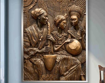 African Tribal Bas-Relief Art Print – Bronze Textured Sculpture Wall Decor, Cultural Musician Artwork