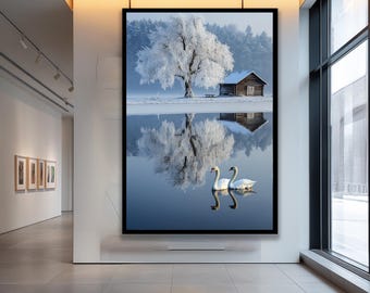 Winter Lake Landscape Art with Swans, Frost Tree Wall Decor