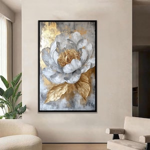 Gold Akzent Weiße Blumen Leinwand Kunst: Moderner botanischer Druck