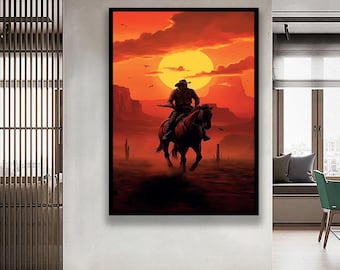 Western Cowboy Solnedgångskonst, Lone Rider Ökenmålning, Vintage Western Landskap Väggdekor