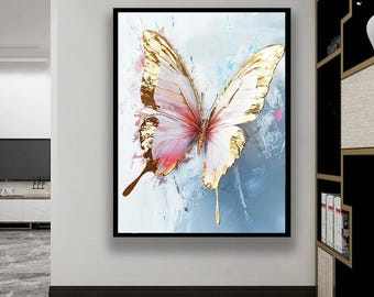 Gold Foil Butterfly Canvas Art: Elegant Oil Painting Style Print