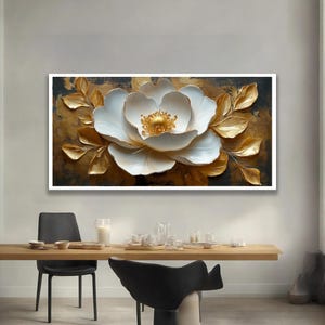 Gold und weiße Blumen-Wand-Kunst, elegante Blumenmalerei, luxuriöse 3D-Leinwand