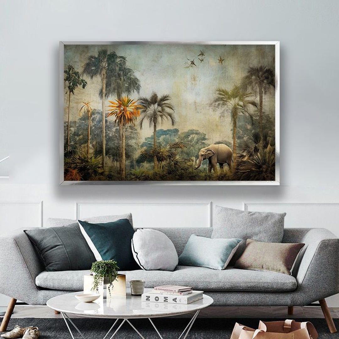 Tropical Elephant Canvas Print: Vintage Jungle Palm Tree Art - Etsy