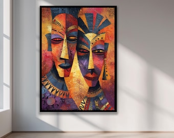 African Tribal Mask Wall Art – Vibrant Abstract Couple Painting, Colorful Ethnic Home Decor, Textured Canvas Art Print for Living Room