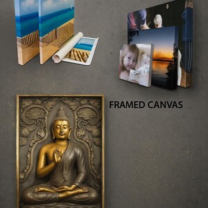 three different types of artwork: roll-canvas, stretched-canvas, and framed-canvas.