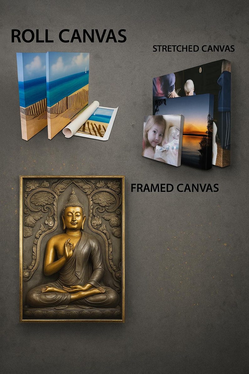 three different types of artwork: roll-canvas, stretched-canvas, and framed-canvas.