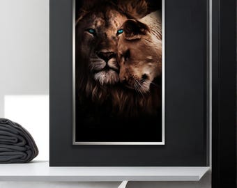 Arte de pared romántico de pareja de leones: pintura moderna de animales en lienzo, tamaño grande