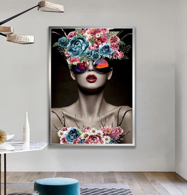 Floral Woman Portrait With Sunglasses, Modern Fashion Wall Art ...