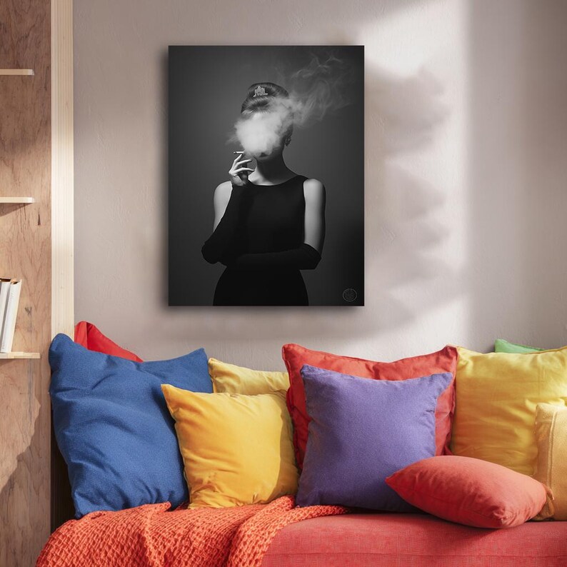 Black White Smoking Woman Wall Art, Moody Fashion Portrait Canvas Print ...