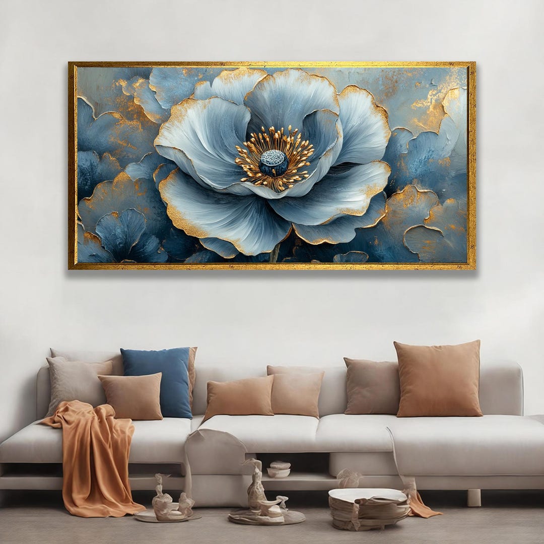 Blue and Gold Flower Wall Art, Elegant Floral Canvas Painting, Modern ...