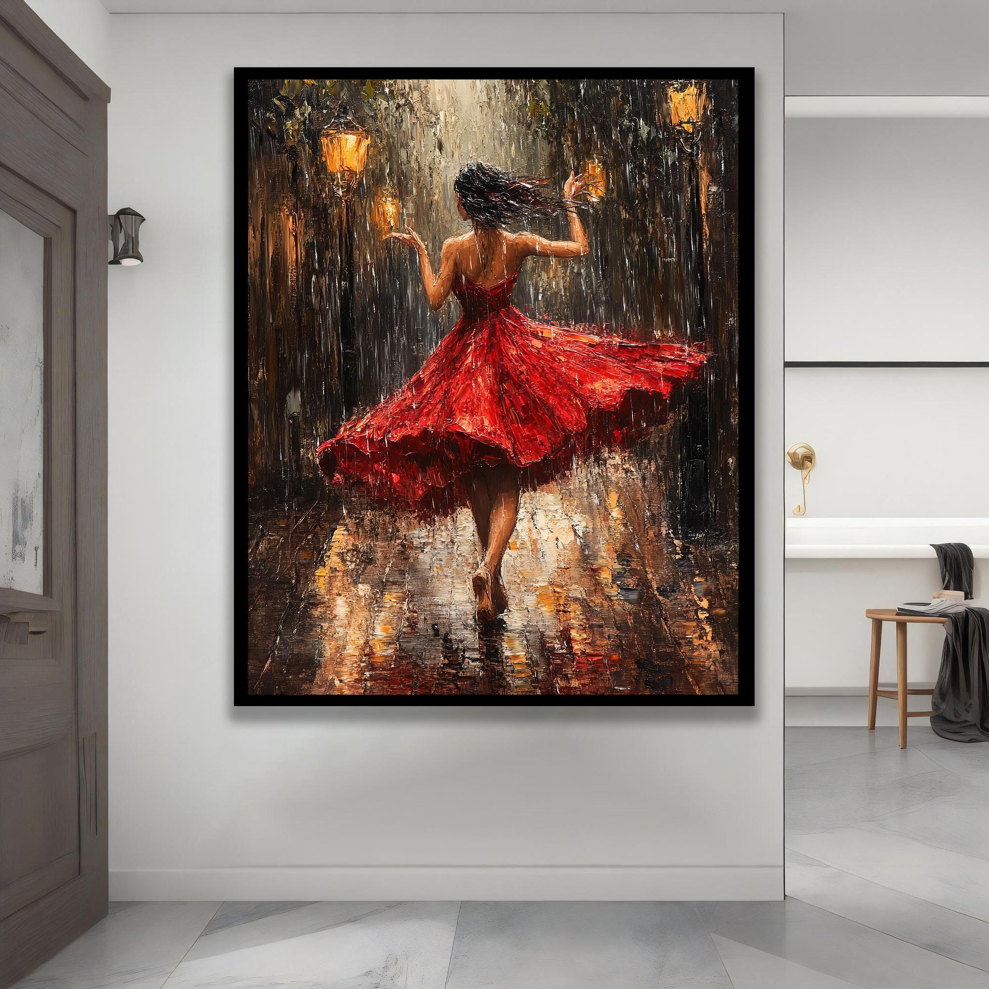 Woman in Red Dress Canvas Art: Romantic Rain Dance Painting - Etsy Israel