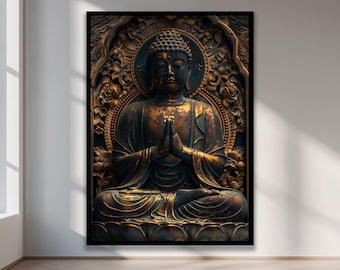 Bronze Buddha Wall Art, Meditating Buddha Sculpture Print, Spiritual Zen Decor Canvas