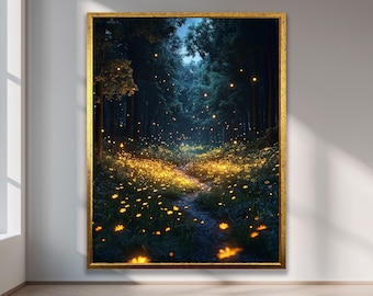 蛍の下で遊ぶ子供たちのプリント：気まぐれな夜の森のアート - Etsy 日本