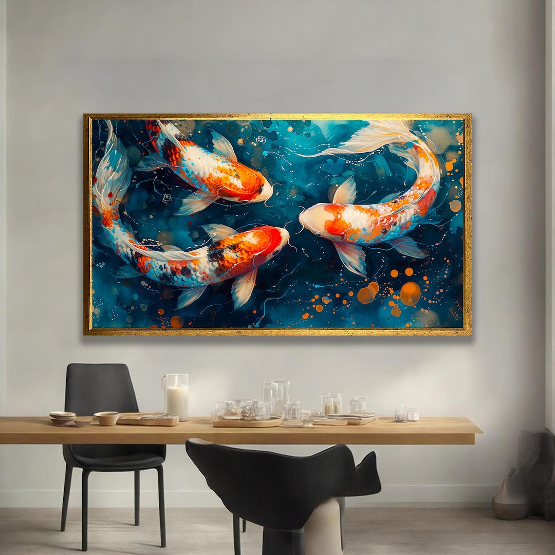 Koi Fish Wall Art, Blue and Orange Abstract Painting, Tranquil Water ...