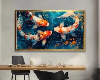 Koi Fish Wall Art, Blue and Orange Abstract Painting, Tranquil Water Canvas Decor
