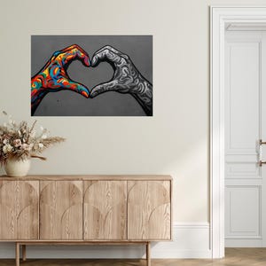 Graffiti Heart Hands Canvas – Banksy Style Wall Art, Pop Art Love Sign, Graffiti Canvas Painting, Modern Hands Heart Print Home Decor