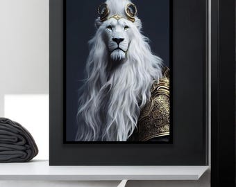 ホワイトライオンの壁アート、雄大なファンタジー動物のキャンバス絵画